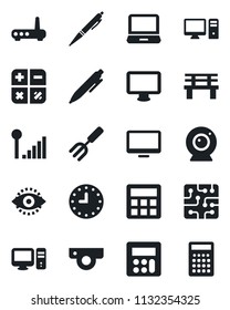 Set of vector isolated black icon - calculator vector, pen, garden fork, bench, clock, monitor, laptop pc, eye id, cellular signal, chip, router, web camera