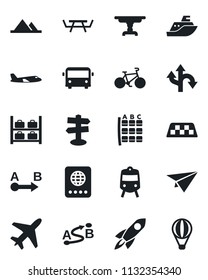 Set of vector isolated black icon - plane vector, taxi, airport bus, train, passport, seat map, luggage storage, picnic table, bike, route, signpost, sea shipping, mountains, rocket, paper