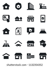 Set of vector isolated black icon - shop vector, airport building, office, hospital, store, warehouse storage, house, with tree, garage, estate document, sweet home, insurance, control app, message