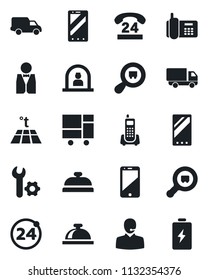 Set of vector isolated black icon - 24 around vector, reception bell, mobile phone, office, hours, car delivery, consolidated cargo, search, cell, root setup, support, waiter, warm floor, battery