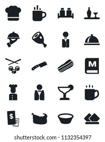 Set of vector isolated black icon - hot cup vector, coffee, waiter, cook, dish, alcohol, hat, menu, cocktail, bacon, salt and pepper, restaurant receipt, chicken, ham, bowl, knife, sushi, serviette