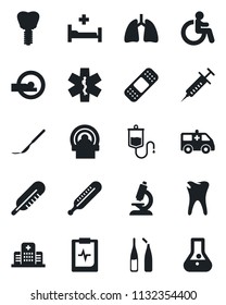 Set of vector isolated black icon - disabled vector, syringe, dropper, thermometer, microscope, ampoule, scalpel, patch, tomography, ambulance star, car, hospital bed, lungs, caries, implant, flask