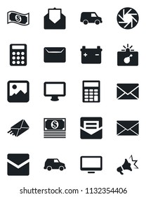 Set of vector isolated black icon - bomb in case vector, mail, monitor, mobile camera, gallery, calculator, battery, cash, car, advertising