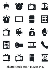 Set of vector isolated black icon - tv vector, abacus, money bag, well, film frame, video camera, microphone, call, alarm, outdoor lamp, fridge, sand clock