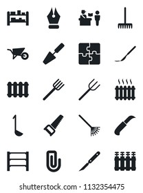 Set of vector isolated black icon - passport control vector, trowel, farm fork, rake, wheelbarrow, saw, garden knife, scalpel, rack, application, paper clip, ink pen, heater, ladle, radiator