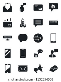 Set of vector isolated black icon - mobile phone vector, speaking man, mail, office, loudspeaker, cell, message, network, reserved, home