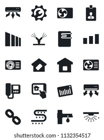 Set of vector isolated black icon - identity card vector, drip irrigation, sorting, barcode, chain, root setup, air conditioner, smart home, water heater, intercome, control app, sprinkler