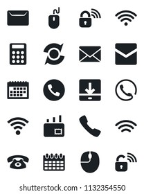 Set of vector isolated black icon - phone vector, mail, mouse, calendar, call, download, wireless, update, calculator, lock