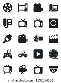 Set of vector isolated black icon - clapboard vector, film frame, reel, tv, gamepad, video camera, play button, hdmi, record, intercome, surveillance