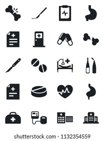 Set of vector isolated black icon - medical room vector, heart pulse, doctor case, diagnosis, blood pressure, pills, ampoule, scalpel, hospital bed, stomach, broken bone, clipboard