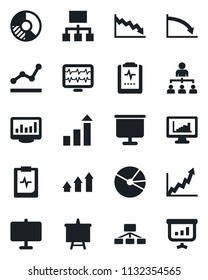 Set of vector isolated black icon - growth statistic vector, hierarchy, presentation board, circle chart, monitor pulse, clipboard, statistics, pie graph, point, arrow up, crisis