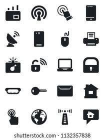Set of vector isolated black icon - antenna vector, bomb in case, mouse, house, earth, satellite, cell phone, touch screen, laptop pc, back, lock, printer, mail, key, hot dog, wireless, home message