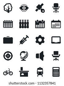Set of vector isolated black icon - train vector, globe, office chair, case, notebook pc, calendar, tree, fireplace, syringe, bike, satellite, settings, eye id, target, radiator, sound, calculator