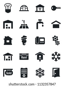 Set of vector isolated black icon - house vector, greenhouse, bird, warehouse storage, water supply, rent, sold signboard, key, remote control, snowflake, intercome, gear, warm floor, bulb, door