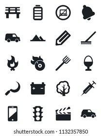 Set of vector isolated black icon - no laptop vector, pencil, farm fork, rake, tree, fire, sickle, bench, syringe, traffic light, clapboard, flame disk, cell phone, battery, bell, mountains, car