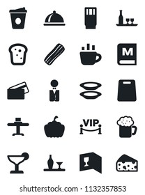 Set of vector isolated black icon - coffee vector, pumpkin, waiter, dish, alcohol, restaurant table, wine card, menu, drink, cocktail, beer, plates, bacon, bread, vip zone, credit, cutting board