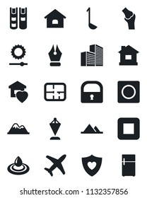 Set of vector isolated black icon - pennant vector, house, heart shield, joint, plane, stop button, record, brightness, lock, office building, ink pen, book, mountains, plan, sweet home, ladle