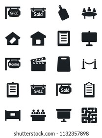 Set of vector isolated black icon - fence vector, presentation board, meeting, clipboard, clapboard, sale, rooms, sold signboard, smart home, cutting, chip