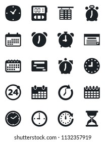 Set of vector isolated black icon - 24 around vector, alarm clock, flight table, calendar, stopwatch, schedule, sand