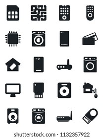 Set of vector isolated black icon - washer vector, monitor, speaker, phone back, sim, smart home, credit card, control, chip, remote, router, usb flash
