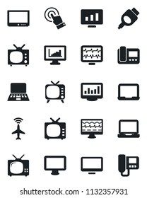Set of vector isolated black icon - plane radar vector, notebook pc, statistic monitor, pulse, tv, touch screen, laptop, hdmi, statistics, intercome