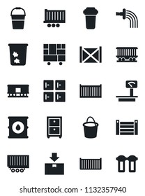 Set of vector isolated black icon - trash bin vector, checkroom, bucket, watering, railroad, truck trailer, cargo container, consolidated, package, oil barrel, heavy scales, archive box