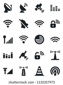 Set of vector isolated black icon - antenna vector, border cone, radar, satellite, equalizer, wireless, mute, cellular signal, lock