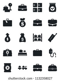 Set of vector isolated black icon - suitcase vector, baggage conveyor, larry, luggage storage, scales, checkroom, case, money bag, fertilizer, doctor, dropper