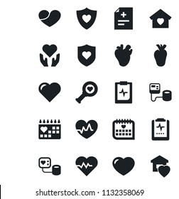 Set of vector isolated black icon - heart vector, pulse, diagnosis, blood pressure, diagnostic, shield, hand, real, medical calendar, clipboard, sweet home