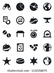 Set of vector isolated black icon - no laptop vector, ticket office, document reload, pills, diet, earth, pie graph, table, police, alarm led