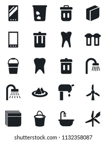 Set of vector isolated black icon - trash bin vector, shower, bucket, tooth, mobile, blank box, water supply, bathroom, serviette, filter, windmill