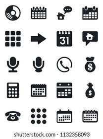 Set of vector isolated black icon - right arrow vector, calendar, circle chart, microphone, menu, calculator, phone, home message, money bag
