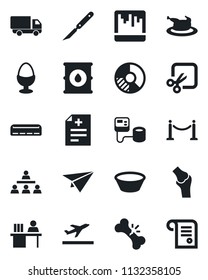 Set of vector isolated black icon - fence vector, departure, circle chart, diagnosis, blood pressure, scalpel, joint, broken bone, car delivery, oil barrel, scanner, cut, manager desk, hierarchy