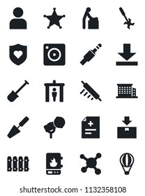 Set of vector isolated black icon - security gate vector, baby room, trowel, shovel, ripper, diagnosis, heart shield, molecule, package, microphone, jack connector, mobile camera, user, download