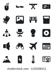 Set of vector isolated black icon - plane vector, ticket, mouse, bulb, glove, bench, picnic table, pills, rec button, gallery, charge, calendar, office chair, hierarchy, drink, thermometer, sound