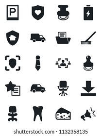 Set of vector isolated black icon - parking vector, office chair, tie, rake, heart shield, tooth, car delivery, favorites list, download, face id, document folder, hr, stamp, cheese, home protect