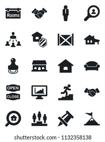 Set of vector isolated black icon - waiting area vector, manager, handshake, pedestal, drawing pin, container, monitor statistics, hierarchy, stamp, career ladder, house, with garage, rooms