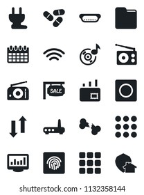 Set of vector isolated black icon - calendar vector, pills, broken bone, radio, menu, record, folder, data exchange, wireless, fingerprint id, music, monitor statistics, mail, sale, hot dog, router