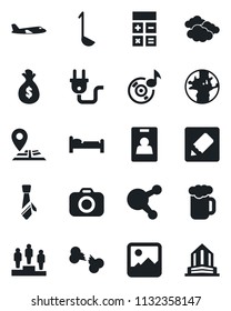 Set of vector isolated black icon - bed vector, clouds, plane, pedestal, calculator, broken bone, navigation, earth, camera, share, gallery, notes, music, identity card, tie, beer, ladle, power plug