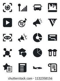 Set of vector isolated black icon - airport bus vector, plane, document, circle chart, molecule, favorites list, play button, scanner, eye id, music, cellular signal, pie graph, sweet home, scan