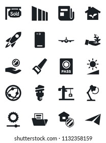 Set of vector isolated black icon - passport vector, plane, saw, sorting, news, network, phone back, brightness, document folder, desk lamp, sold signboard, crane, estate insurance, eco house, paper