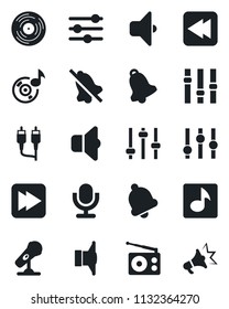 Set of vector isolated black icon - vinyl vector, microphone, radio, speaker, settings, fast forward, rewind, rca, tuning, bell, mute, music, sound, advertising