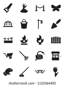 Set of vector isolated black icon - fence vector, trowel, rake, wheelbarrow, bucket, sproute, glove, saw, butterfly, fire, seedling, well, hose, hoe, garden light, greenhouse, picnic table, tulip