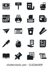 Set of vector isolated black icon - book vector, pen, coffee, document, plant label, cash, receipt, folder, news, paper pin, calendar, printer, tray, copier, stapler, plane, schedule, contract