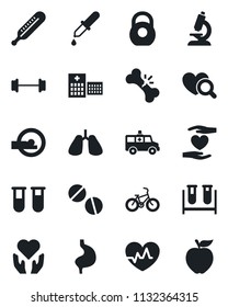 Set of vector isolated black icon - heart pulse vector, blood test vial, dropper, thermometer, diagnostic, microscope, pills, tomography, ambulance car, barbell, bike, hand, stomach, lungs, hospital