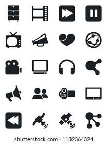 Set of vector isolated black icon - film frame vector, archive chest, satellite, loudspeaker, tv, video camera, network, headphones, share, group, heart, pause button, fast forward, rewind