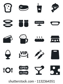 Set of vector isolated black icon - cafe vector, reserved, cocktail, phyto bar, beer, plates, waiter, egg stand, salt and pepper, bread, building, vip zone, open close, credit card, steak, kebab