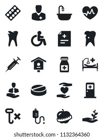 Set of vector isolated black icon - disabled vector, medical room, bird house, heart pulse, diagnosis, syringe, dropper, pills, bottle, blister, hospital bed, hand, caries, diet, doctor, client