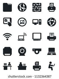 Set of vector isolated black icon - no laptop vector, wireless notebook, pc, printer, tv, network, hdmi, folder, manager desk, chip, web camera, home control app, man with