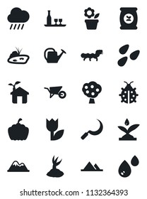 Set of vector isolated black icon - flower in pot vector, watering can, wheelbarrow, sproute, lady bug, rain, sickle, pumpkin, seeds, caterpillar, fertilizer, tulip, pond, fruit tree, mountains